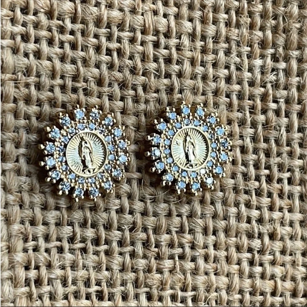 Gold plated virgin Mary CZ Earrings New Gorgeous catholic